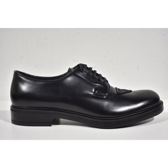Prada Black Brushed Leather Triangle Logo Derby Loafer Lace Up Flat UK 12 US 13 main image 10